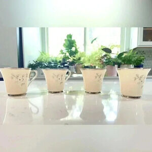 Set of 4 Vintage Lenox Windsong Silver Trimmed Floral Pattern Tea Cups